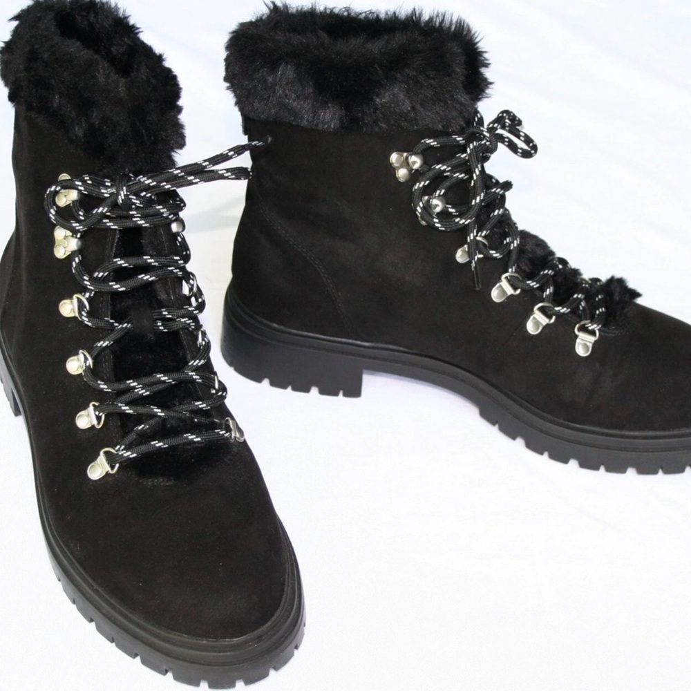 J crew Nordic hiking boots black suede upper faux shearling size 6.5